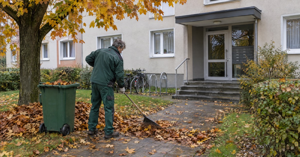 Hausmeister in grüner Arbeitskleidung entfernt mit einem Laubrechen Herbstlaub vom gepflasterten Weg vor dem Eingang eines Mehrfamilienhauses, daneben eine Grünabfalltonne und ein Laubhaufen